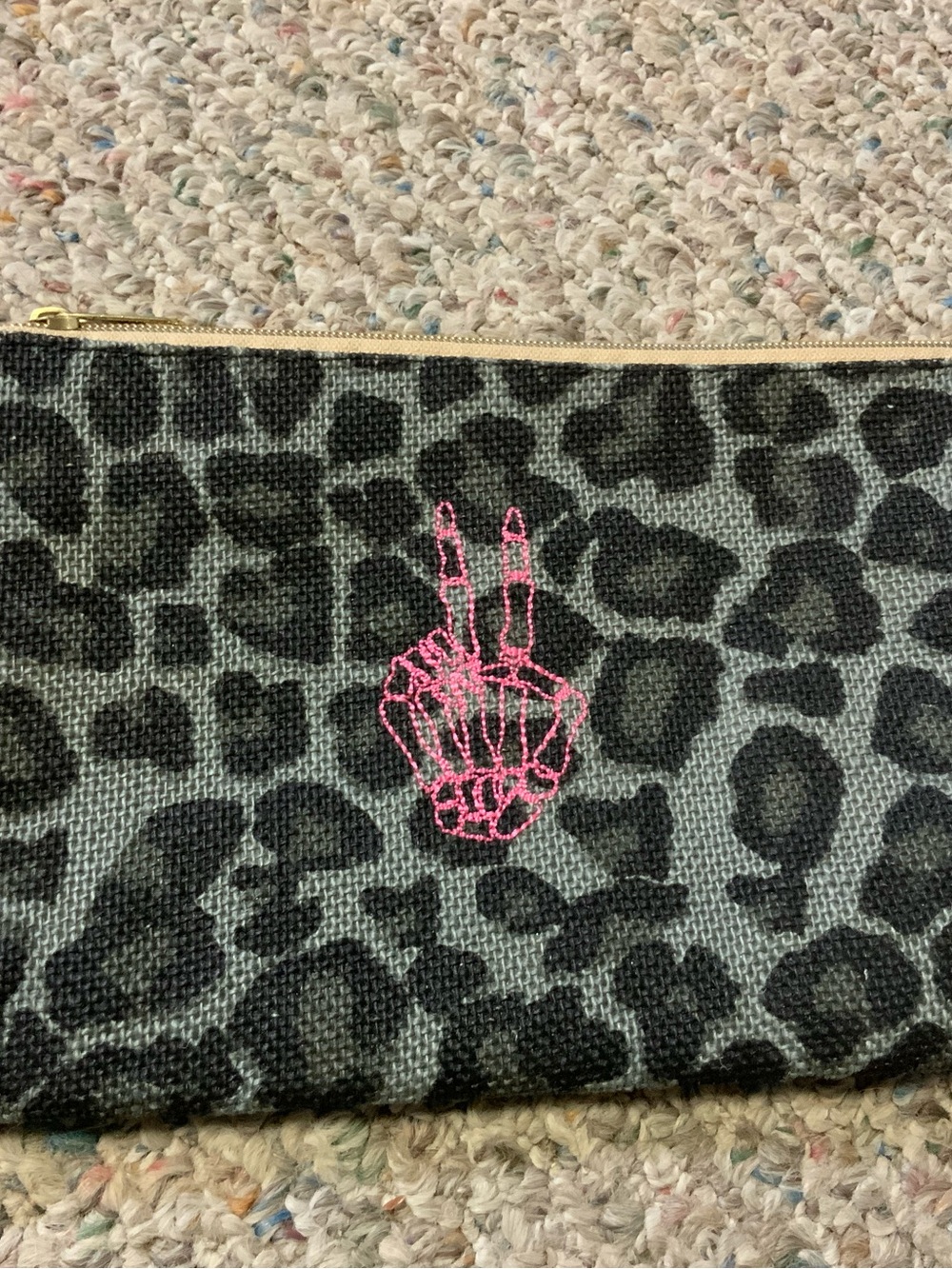 Leopard Print Zip Pouch with Neon Pink Embroidered Hand NWOT